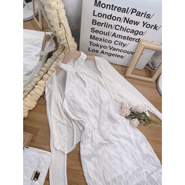 SET ĐẦM MIDI CỔ YẾM TÀU XỐP + ÁO KHOÁC SỌC