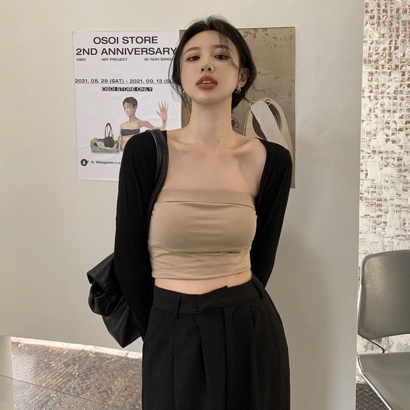 COZOK Set Áo Cardigan Tay Dài + Áo Hai Dây Ngắn Quyến Rũ Thời Trang Cho Nữ