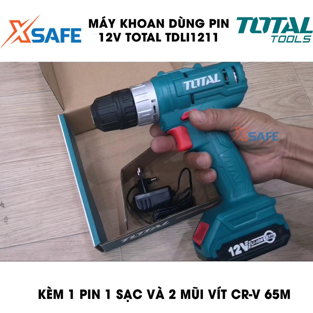 Máy khoan pin cầm tay 12V 10mm TOTAL TDLI1211 tốc độ 600v/p, lực siết 20nm, khả năng khoan 10mm, có chỉnh tốc - xsafe