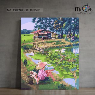 Tranh sơn dầu số hóa tự tô màu - Mã TQ0730 Tranh phong cảnh làng quê nông thôn chú bé câu cá bên hồ sen Paint by numbers