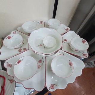 Bộ bát đĩa hoa mặt trời ĐÀO HỒNG men kem ĐK55cm.Hàng sứ Bát Tràng