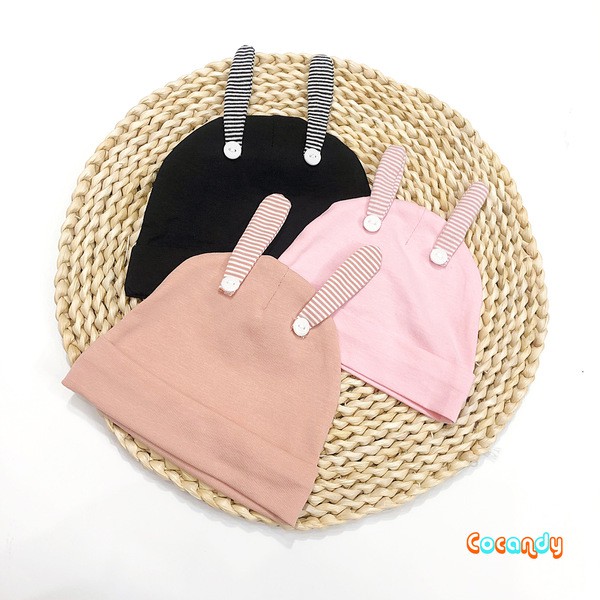Bộ quần áo thun họa tiết kẻ hồng, đen, cam hồng kèm mũ tai thỏ cho bé của COCANDY mã S103