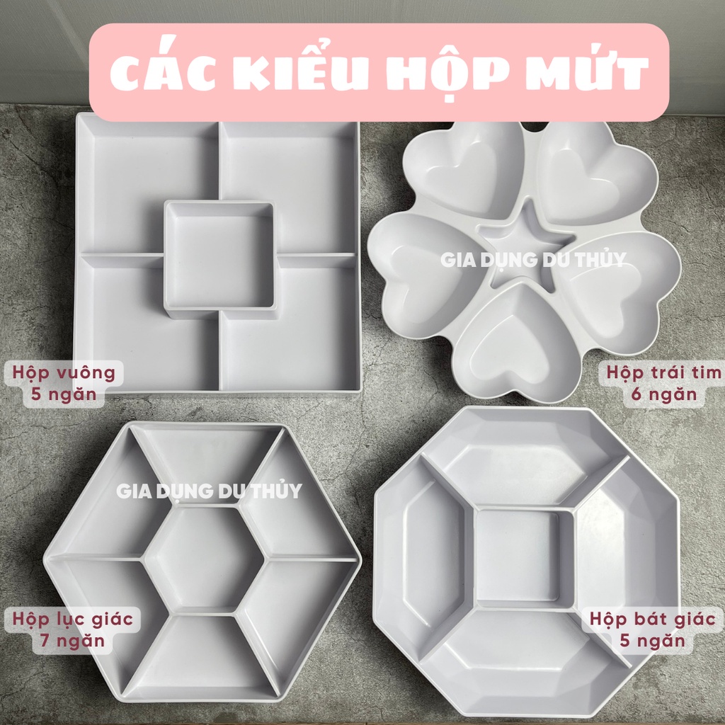 Hộp đựng mứt tết nhiều ngăn nhựa cao cấp họa tiết hoa đào, hoa mai, dưa hấu màu hồng màu đỏ