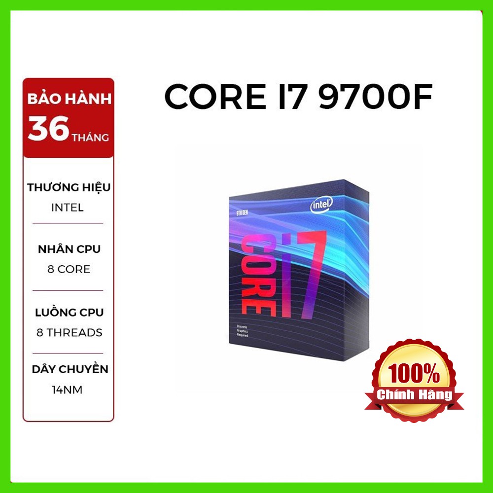 CPU Intel Core i7-9700F (3.00 GHz up to 4.70 GHz, 12MB)  1151 V2  Chính hãng Full Box