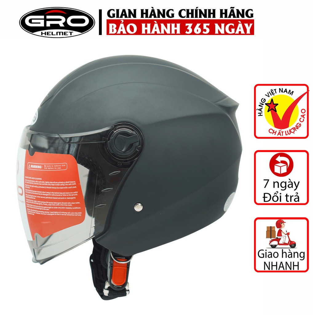 Mũ Bảo Hiểm 3/4 đầu Gro ST27 có kính dài che cả mặt, kiểu dáng thời trang, khóa kim loại chắc chắn - Đen Nhám