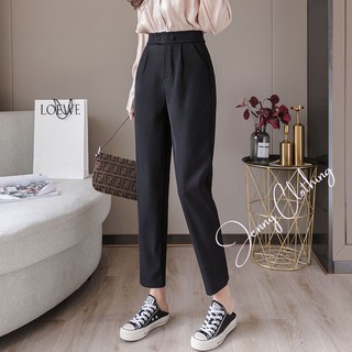 Quần Baggy nữ công sở cạp cao - Chất vải tuyết mưa màu đen - Phối 2 cúc bấm - Form dáng chuẩn đẹp