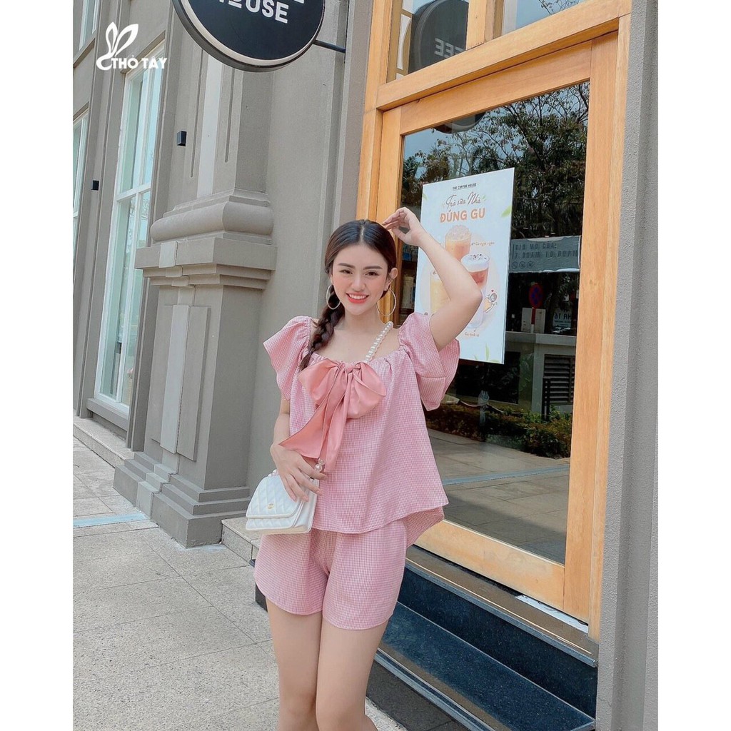Set bộ áo tay ngắn nơ ngực và quần ngắn xinh xắn
