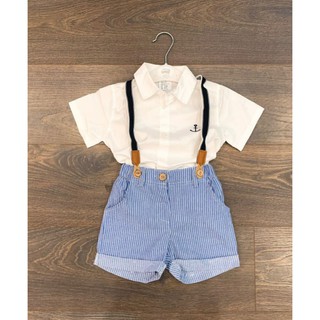 Set bộ công tử HM xuất áo trắng quần kẻ xanh cho bé trai 1-6y
