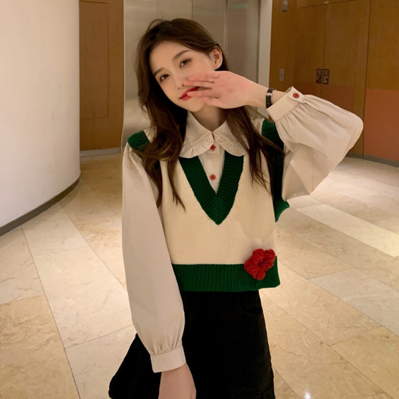 ZHELIHANGFEI Áo Len Không Tay Phong Cách Preppy Dễ Phối Đồ