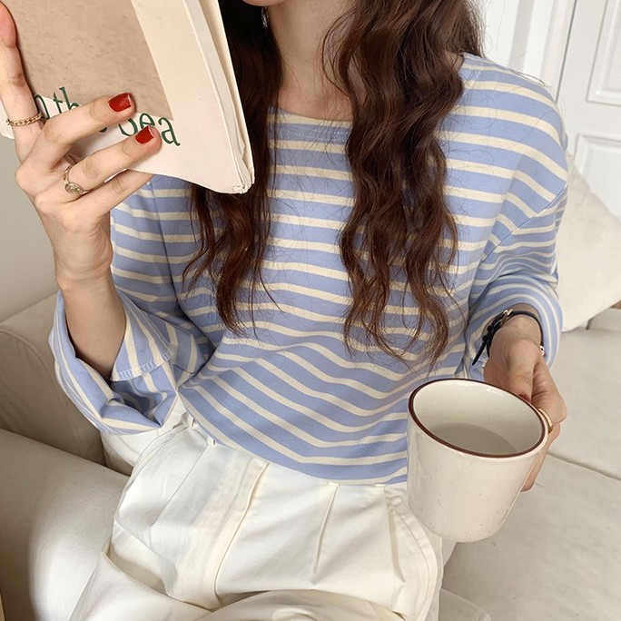 Áo Tay Dài Dáng Rộng Họa Tiết Kẻ Sọc Dễ Phối Đồ 44999