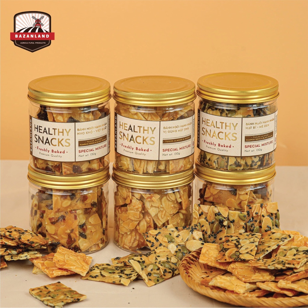 Bánh Ngói Hạnh Nhân Bazanland Hũ 130g, Bánh Ăn Kiêng Không Béo Siêu Giòn Chuẩn Healthy
