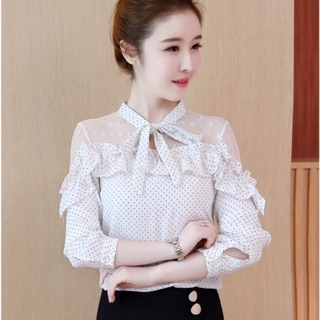 Áo sơ mi nữ ❤️ FREESHIP ❤️ Áo ren nữ chấm bi cổ nơ - Áo kiểu nữ hàng nhập Qc cao cấp