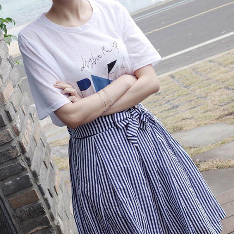 Set áo thun cổ tròn tay ngắn + chân váy sọc xanh thời trang cho nữ