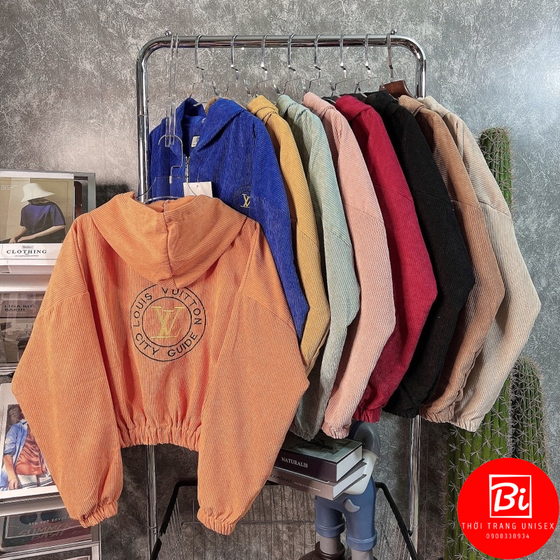 AK72_Áo Khoác Nhung Tăm Dáng Lửng Tay Cánh Dơi Thêu Chữ L.V Tay và Lai Áo Bo Chun