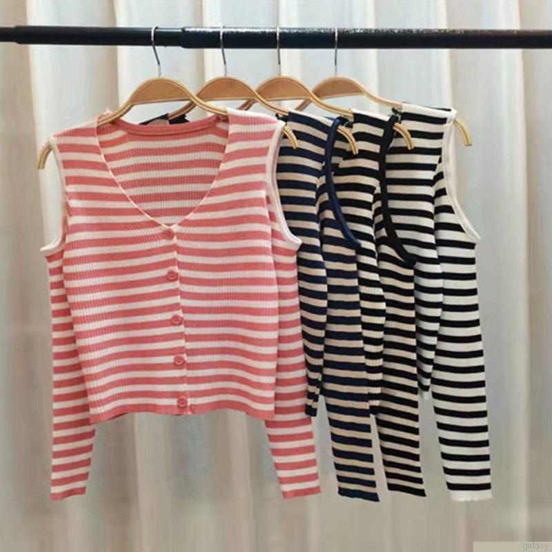 Áo cardigan dài tay cổ chữ V trễ vai họa tiết kẻ sọc thời trang