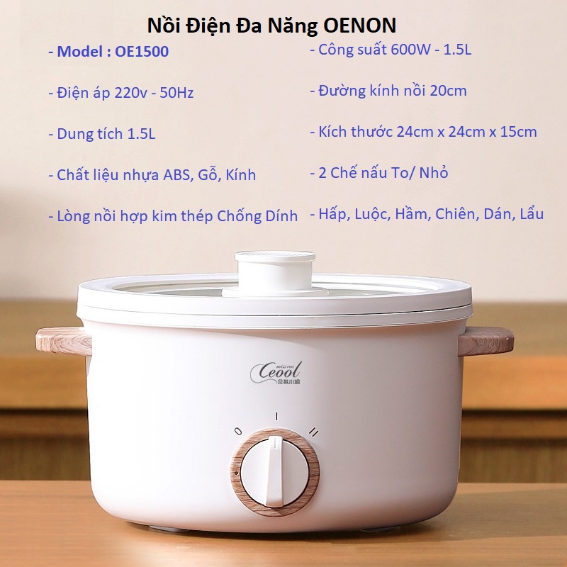 Nồi Điện Đa Năng OENON 1.5L Nấu lẩu đa năng phù hợp văn phòng ký túc xá sinh viên - OE1500