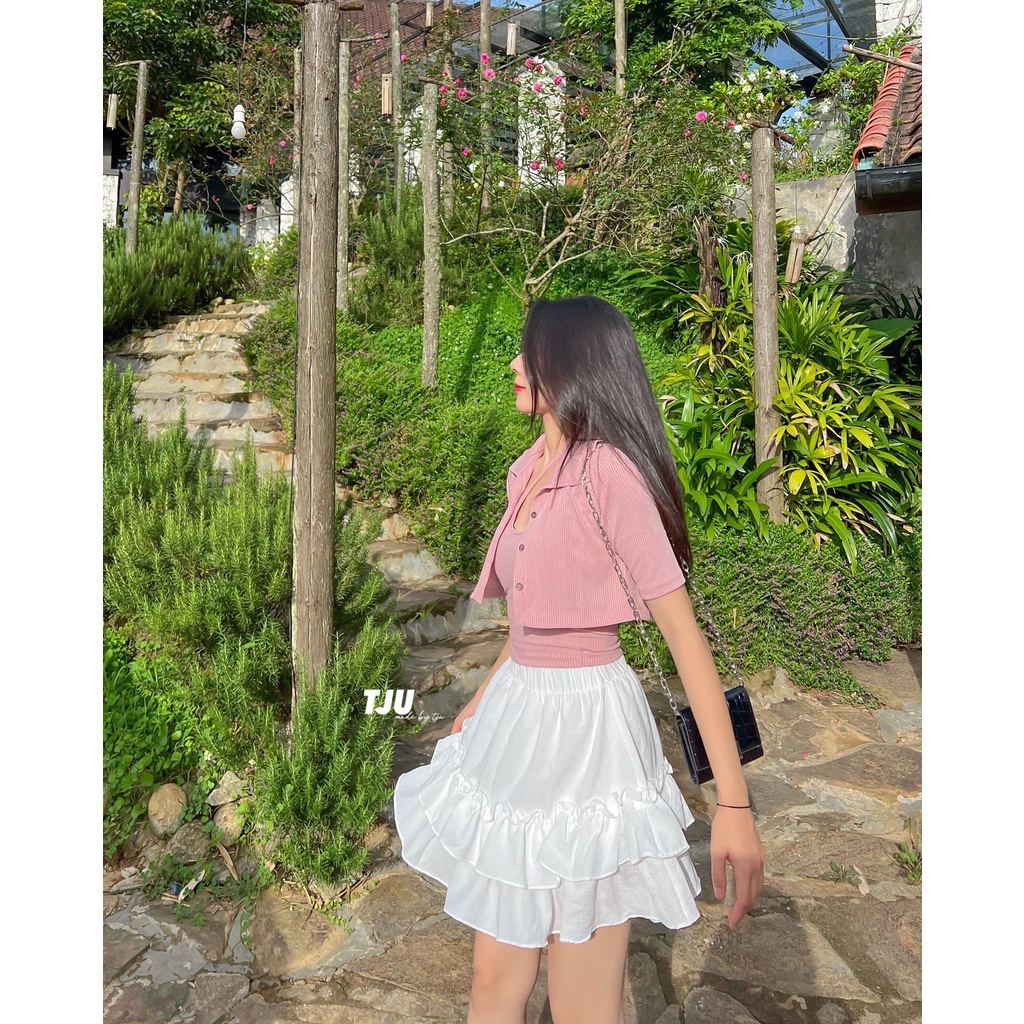 Set áo 2 dây chéo và áo polo croptop cộc tay chất thun gân LEAFY (TJU thiết kế)