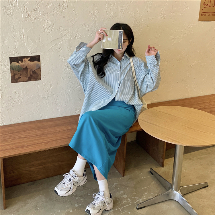 Spot  summer  western style  split ends  high waist  drape  skirt + blue  stripes  shirt | BigBuy360 - bigbuy360.vn