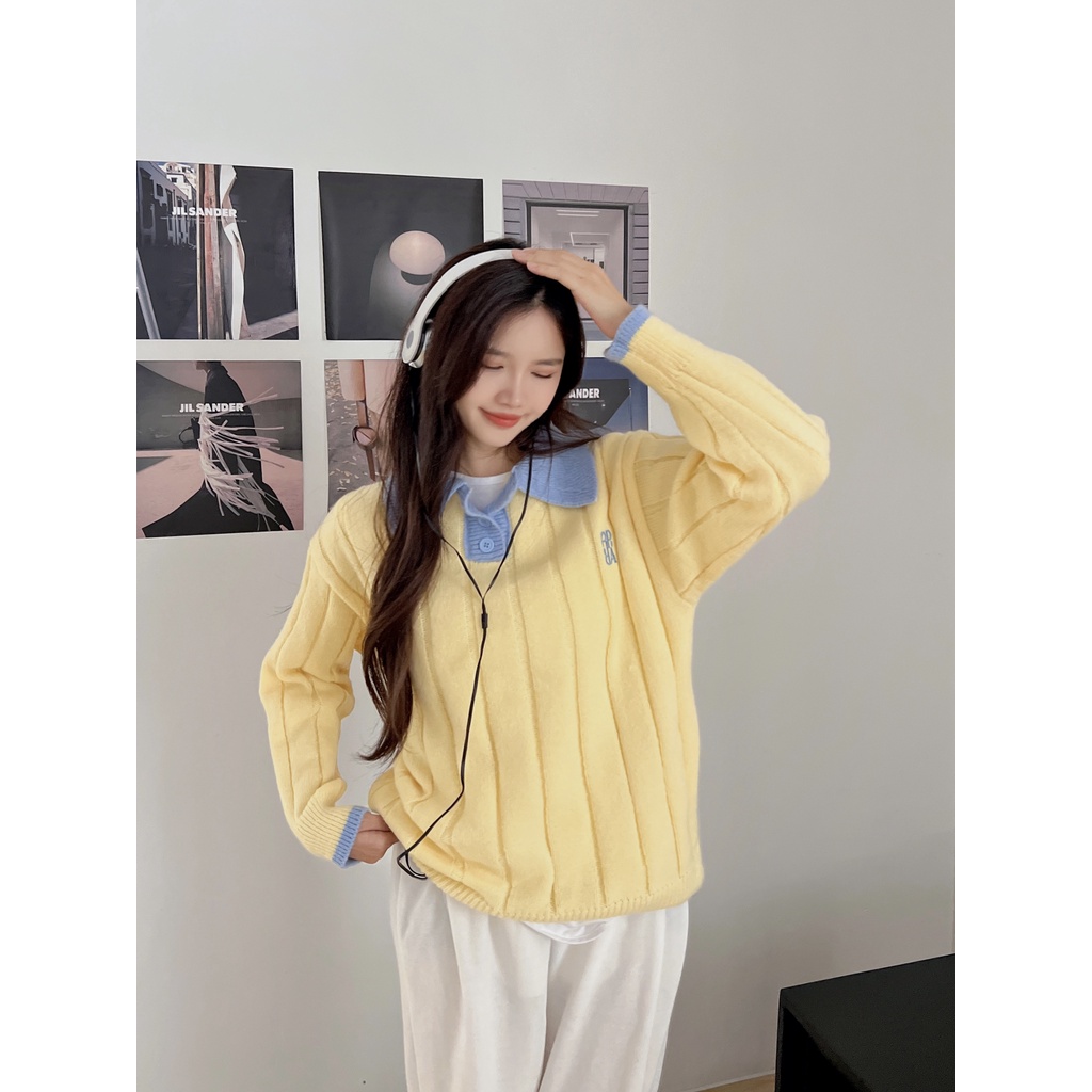 DUNEA Áo Sweater Dệt Kim Form Rộng Phối Màu Xinh Xắn Cho Nữ