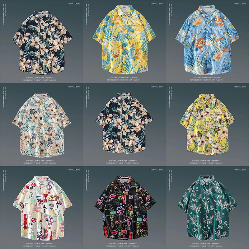 (M ~ 3XL) Áo sơ mi ngắn tay rời, Phong cách Harajuku cổ điển Hàn Quốc, In, Phù hợp với cổ áo