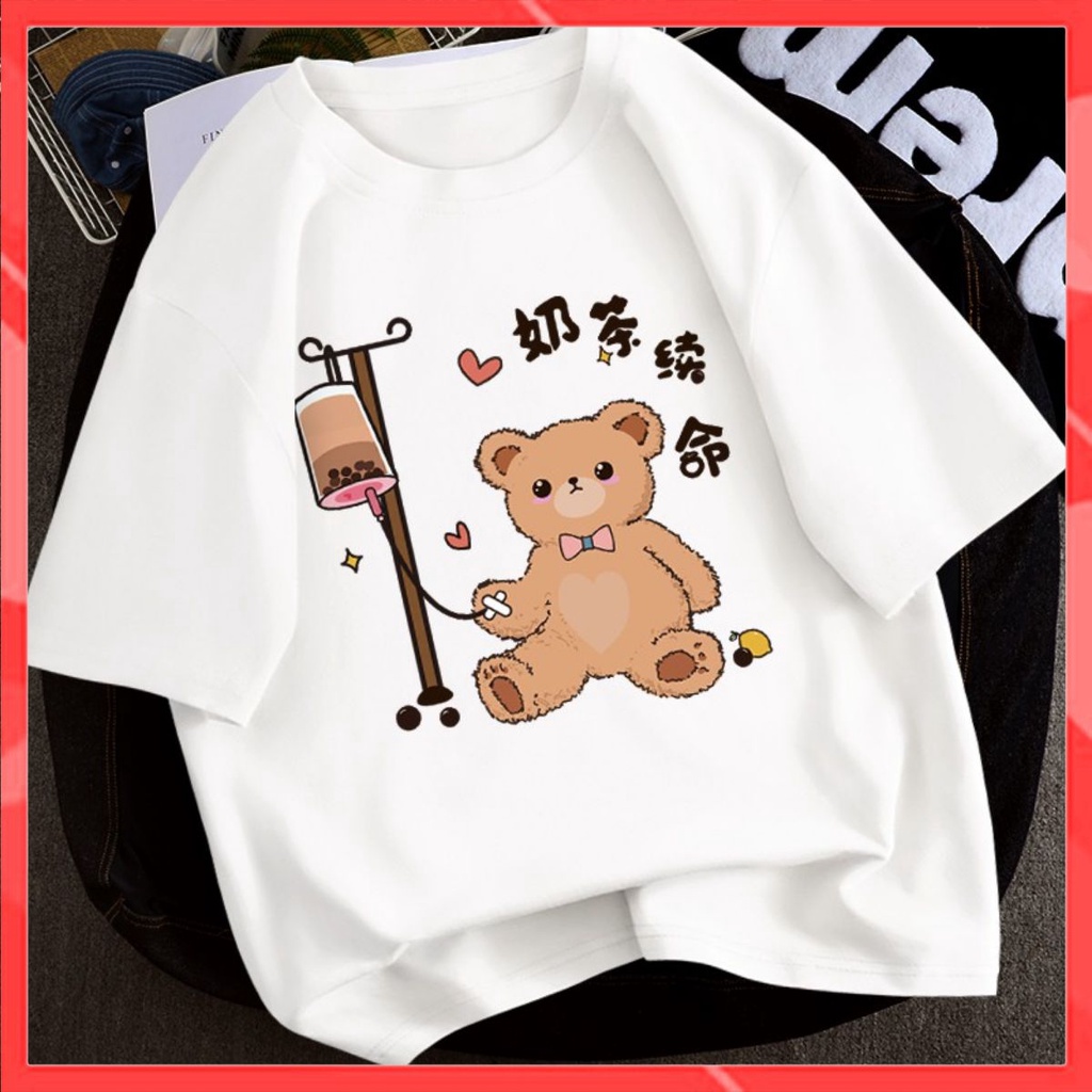 Áo thun tay lỡ form rộng dáng Unisex - Mẫu Chú Gấu Bear Truyền Trà sữa dễ thương 6 màu Chất Cotton 100