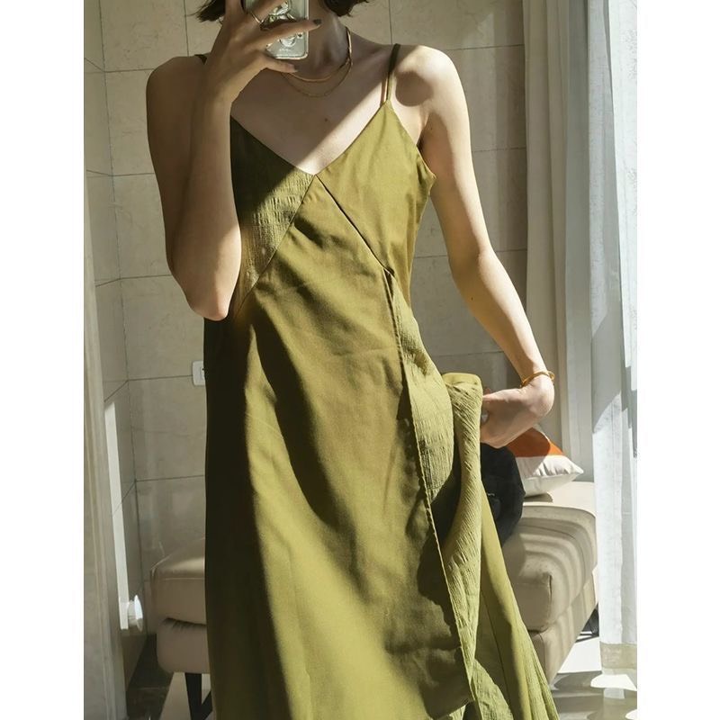 Váy babydoll hai dây dáng dài chất đũi chữ A, đầm suông dáng xòe Vintage Pickle cho nữ