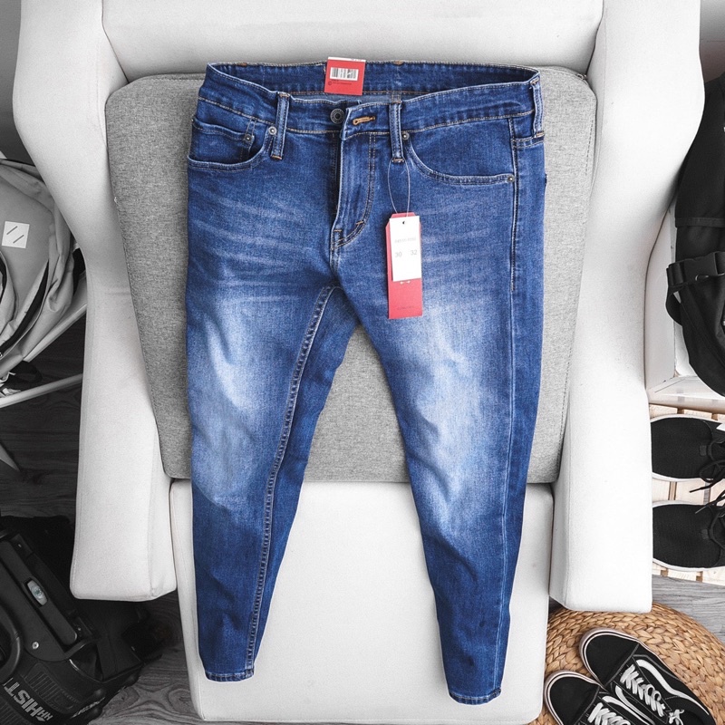 Quần jean nam VNXK ống đứng màu xanh co giãn hàng xuất