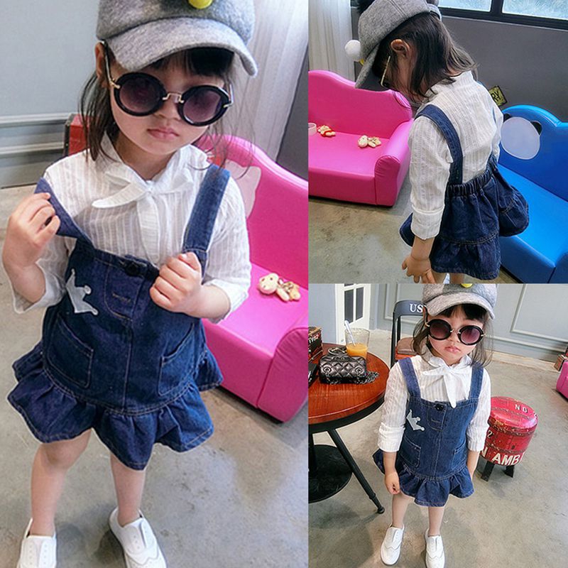 ♕ babyme ღ Summer Girls Denim Cute Crown Strap Skirt Princess Skirt