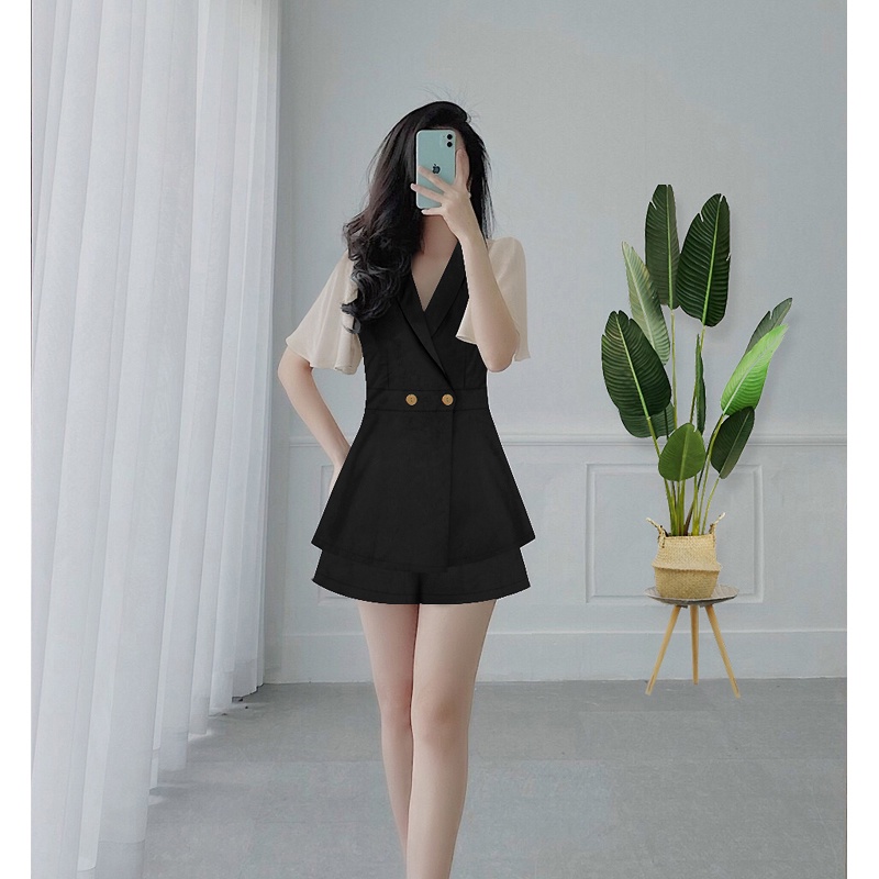 Set đồ nữ nguyên bộ áo cổ vest tay phối lưới quần đùi cá tính J1158