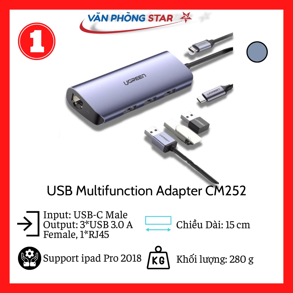 Bộ chuyển đổi USB Type-C sang 3 cổng USB 3.0 và Giga Lan Ugreen (60718)
