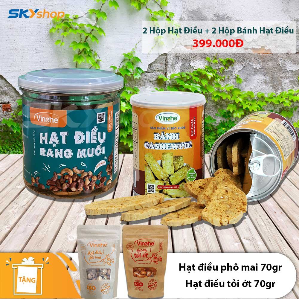 2 Hộp Hạt Điều Vỏ Lụa Rang Muối Vinahe 170gr + 2 Hộp Bánh Hạt Điều CASHEW PIE 130gr - Tặng Kèm Quà