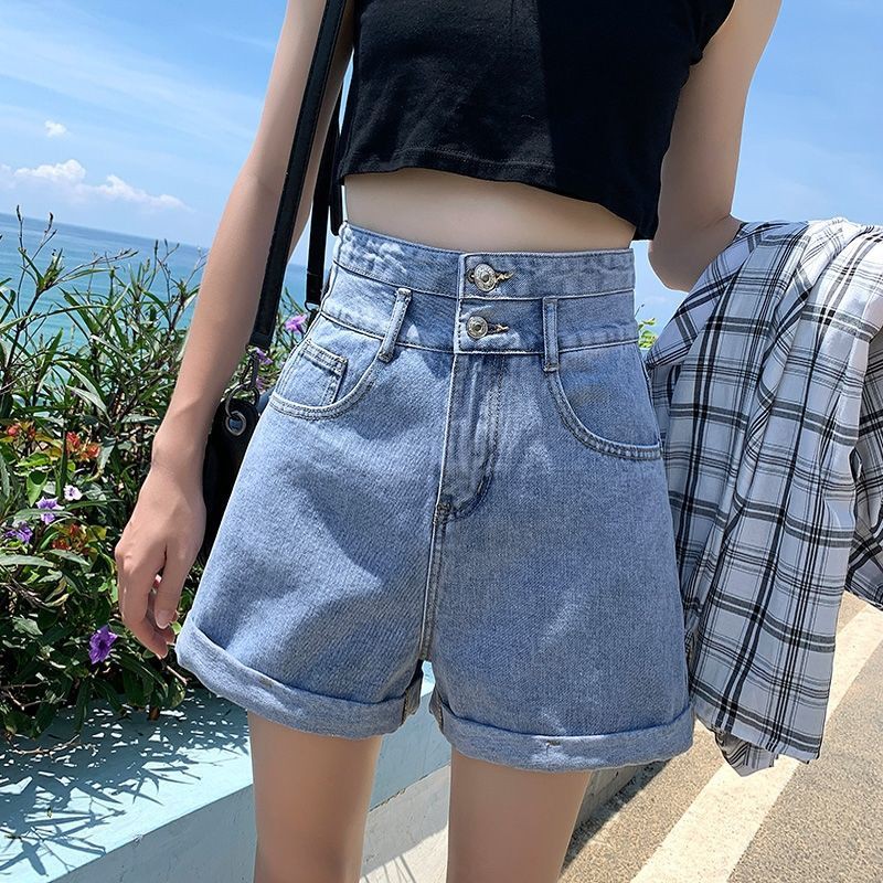 Cao- quần short denim thắt lưng nữ sinh mùa hè 2021 phiên bản Hàn Quốc của ống rộng ôm vừa vặn phù hợp với tất hot
