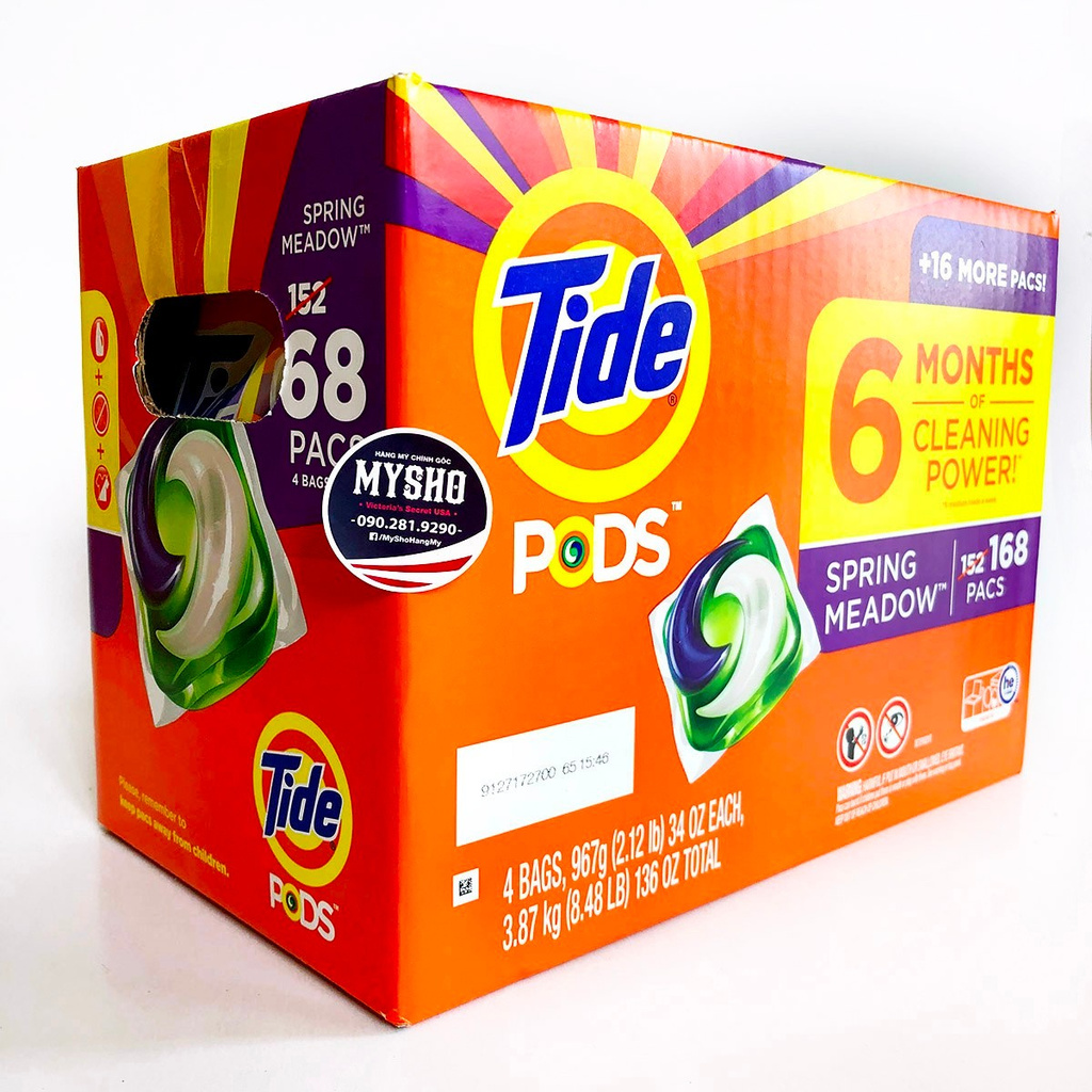 Viên giặt quần áo Tide Mỹ Pods 3 in 1 thùng 168 viên bỏ thẳng vào máy giặt rất sạch thơm tự tan trong nước tiết kiệm