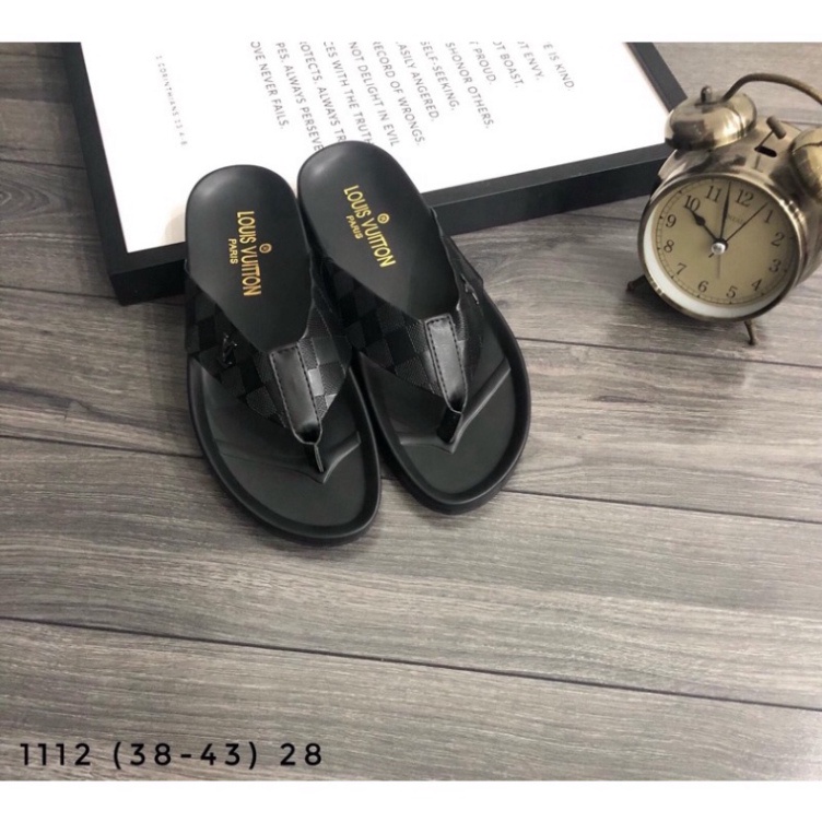 Dép lê nam quai ngang L V in chất liệu da cao cấp , NINSHOP