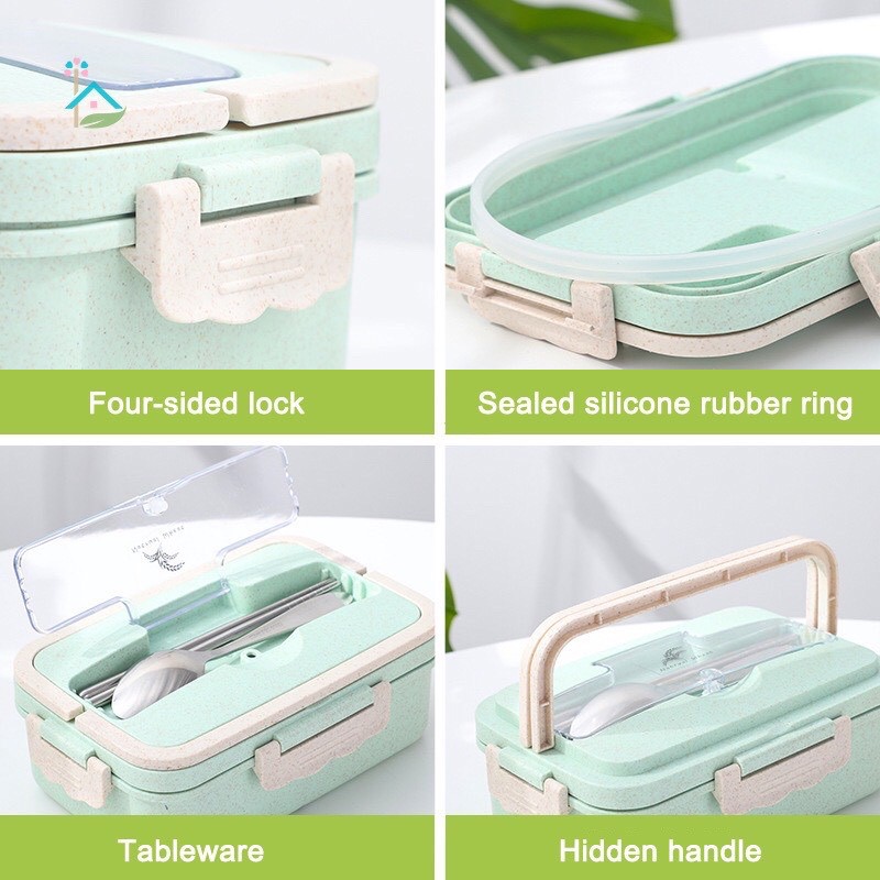 Hộp Đựng Cơm Lúa Mạch 3 Ngăn Dung Tích 1000ml kèm muỗng đũa inox | BigBuy360 - bigbuy360.vn