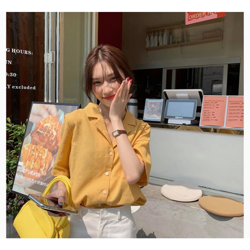 [HÀNG CÓ SẴN/ ẢNH THẬT] Áo Sơ Mi Cổ V Chất Đũi Cộc Tay4 Màu Ulzzang