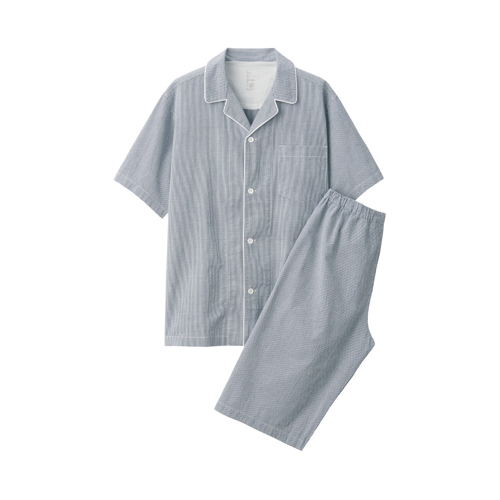 Muji Bộ Pyjama Nam Vải Seersucker Không Đường May Sườn