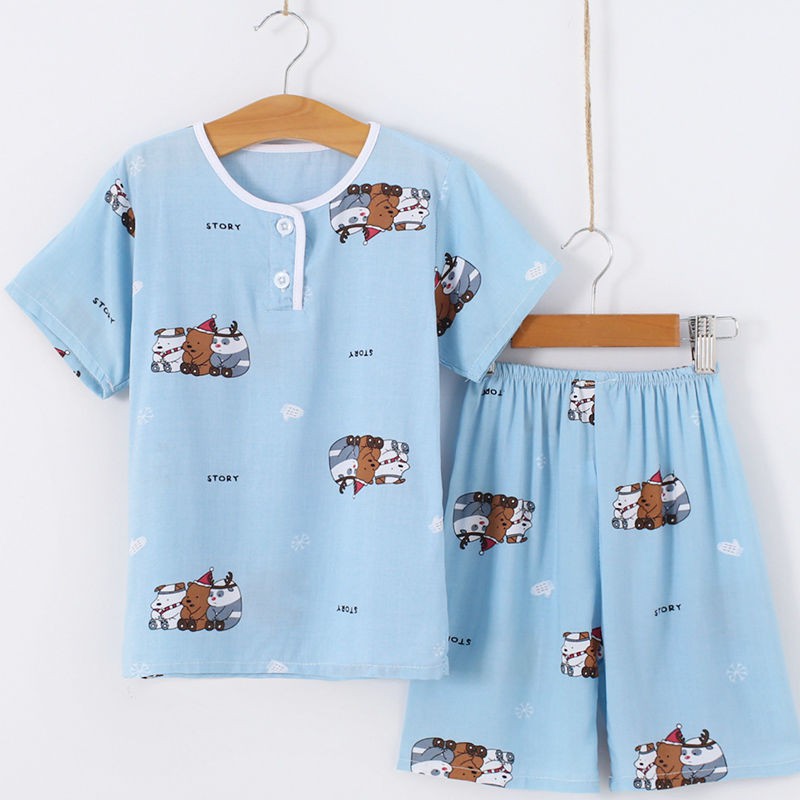 quần thun bé trai₪✹♕Bộ đồ ngủ pijama cotton lụa mùa hè trẻ em 1-13 tuổi bé gái, trai, lớn, dài tay ngắn điều hòa