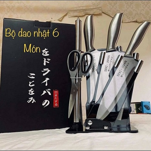 [FREESHIP] Bộ Dao Kéo 6 Món Nhật Bản Inox Đúc Nguyên Khối Cao Cấp Khắc Chữ SEKI JAPAN Có Đế Cắm Làm Từ Thép Không Gỉ.