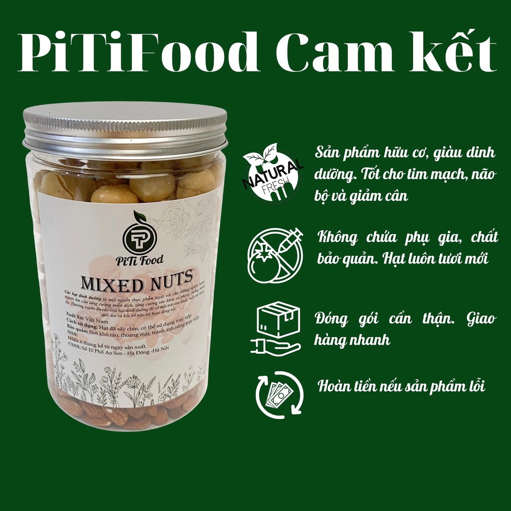 500g Mix các loại hạt dinh dưỡng Macca-Điều-Hạnh nhân-Óc chó-Bí xanh by PitiFood