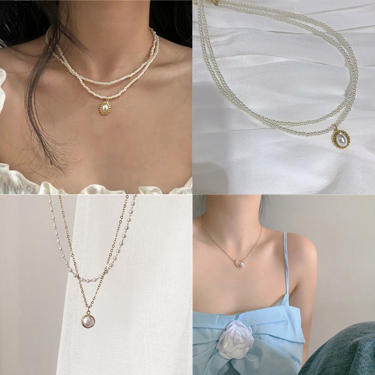 vòng cổ Kim Loại Mạ Vàng Đính Ngọc Trai Phong Cách Bohemian Cổ Điển
