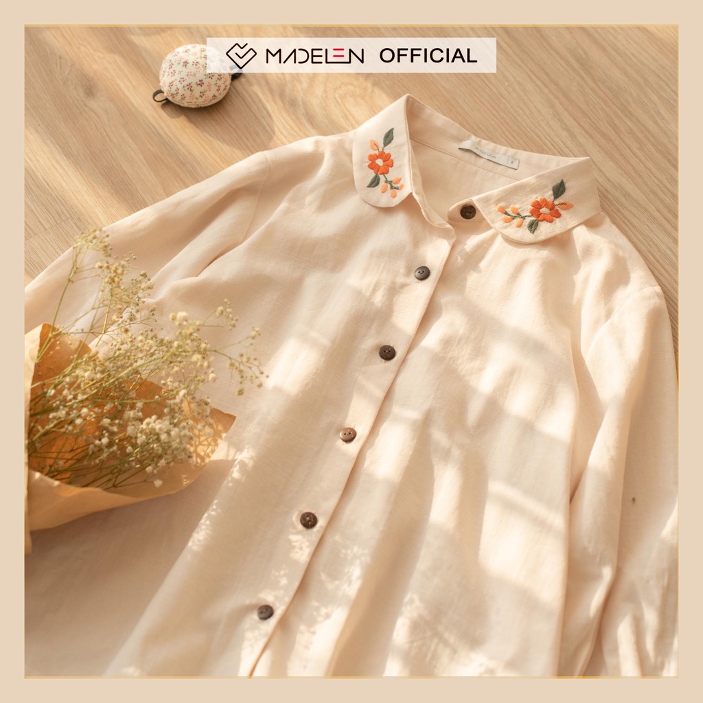 Áo sơ mi dài tay vintage thêu hoa be MADELEN