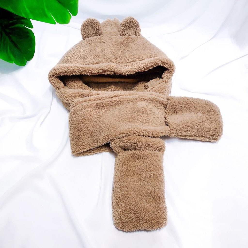 Mũ lông cừu tai gấu kèm khăn quàng cổ gang tay cute, dễ thương