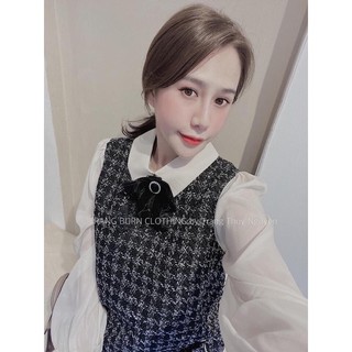 Đầm dạ phối tay voan đính nơ đá