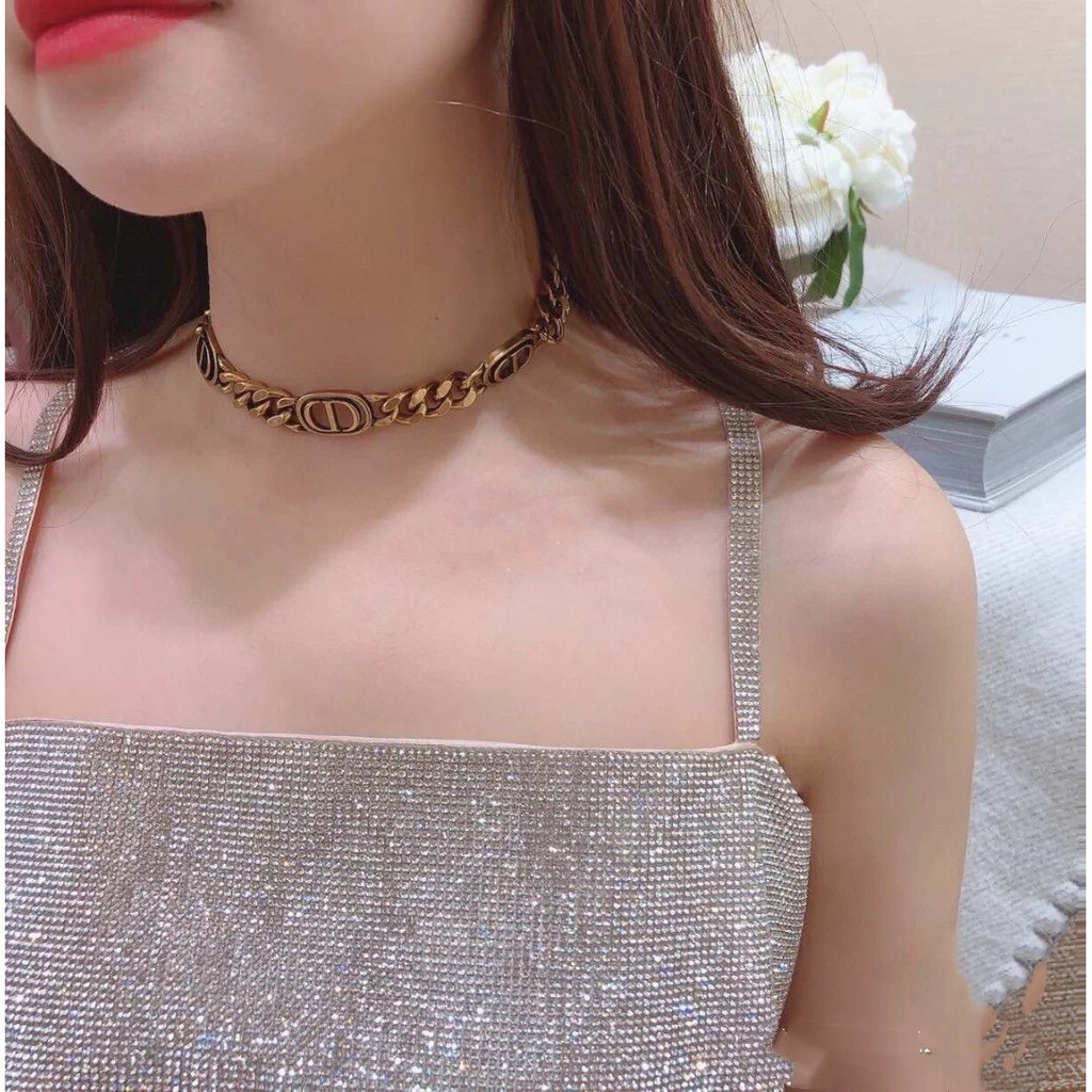 Vòng cổ choker thương hiệu CD xích bản to mạ vàng VCH49