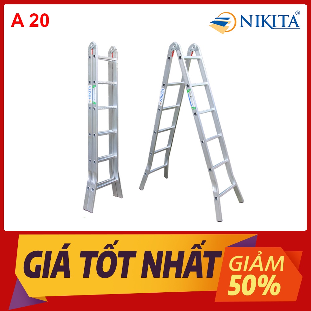Thang xếp nhôm khóa sập tự động, bậc nhôm được dập 3 lớp, Hàng hãng NIKITA