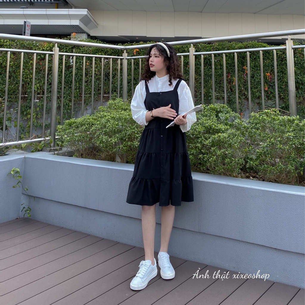 Váy yếm nữ kèm áo sơ mi trắng phong cách Hàn Quốc xixeoshop - v1