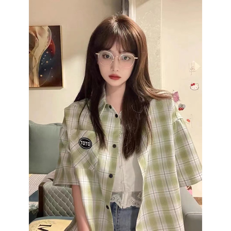 Áo Sơ Mi Tay Ngắn Họa Tiết Sọc Caro Thời Trang Phong Cách Hàn Quốc Cho Nữ