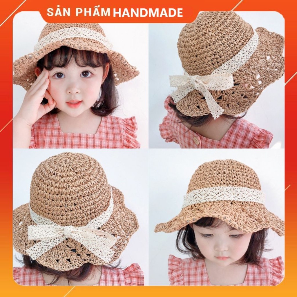 Mũ Cói HANDMADE Phong Cách Vintage Nón Cói Phối Ren Cực Xinh Siêu Thoáng Cho Bé Gái Từ 1 Đến 7 Tuổi