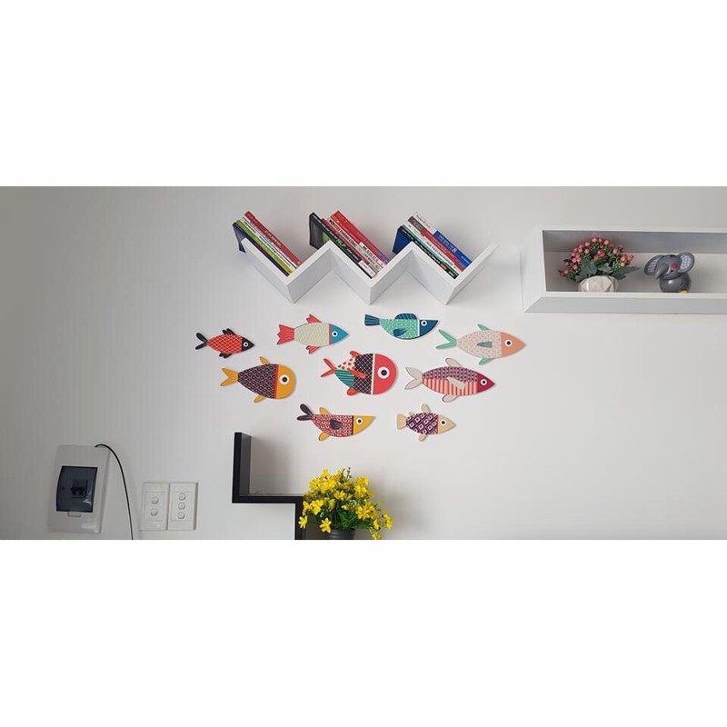 Bộ tranh gỗ  Cá decor dán tường cao cấp  trang trí phòng khách, phòng ngủ, tranh cá treo tường gắn sẵn băng dính
